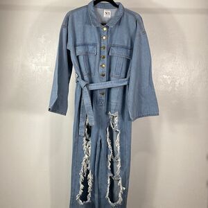 No. 1 Los Angeles long sleeve ripped detailing denim jumpsuit size L